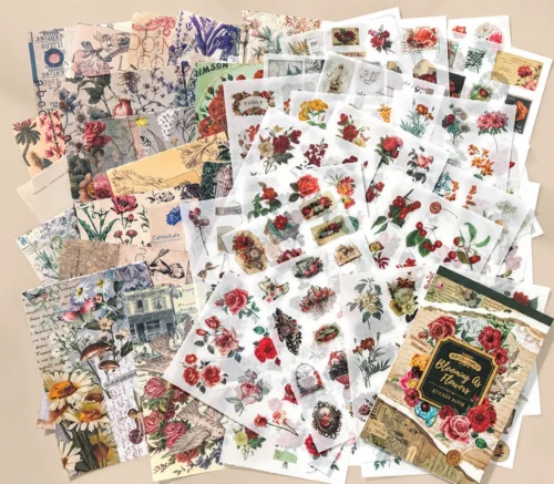Vintage Floral Sticker Book featuring botanical flowers, butterflies, paper stickers, and transparent PET stickers for journaling and scrapbooking. Vintage Floral Sticker Book featuring botanical flowers, butterflies, paper stickers, and transparent PET stickers for journaling and scrapbooking.