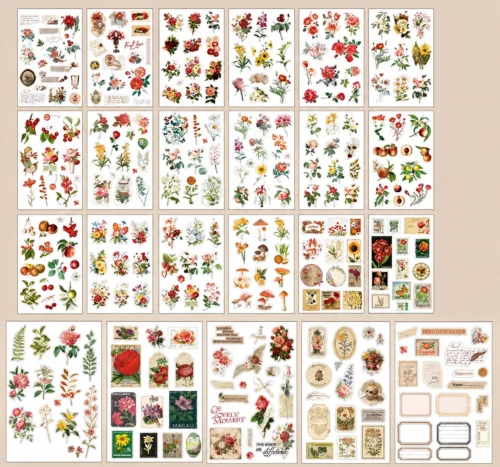 Vintage Floral Sticker Book featuring botanical flowers, butterflies, paper stickers, and transparent PET stickers for journaling and scrapbooking. Vintage Floral Sticker Book featuring botanical flowers, butterflies, paper stickers, and transparent PET stickers for journaling and scrapbooking.