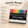 12 Colors Outline Marker Set with metallic double-line pens in a clear storage case for lettering, journaling, greeting cards, and DIY crafts. 12 Colors Outline Marker Set with metallic double-line pens in a clear storage case for lettering, journaling, greeting cards, and DIY crafts.