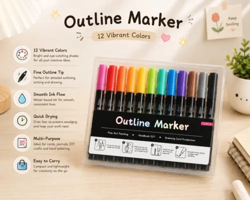 12 Colors Outline Marker Set with metallic double-line pens in a clear storage case for lettering, journaling, greeting cards, and DIY crafts. 12 Colors Outline Marker Set with metallic double-line pens in a clear storage case for lettering, journaling, greeting cards, and DIY crafts.