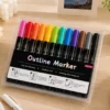 12 Colors Outline Marker Set with metallic double-line pens in a clear storage case for lettering, journaling, greeting cards, and DIY crafts. 12 Colors Outline Marker Set with metallic double-line pens in a clear storage case for lettering, journaling, greeting cards, and DIY crafts.