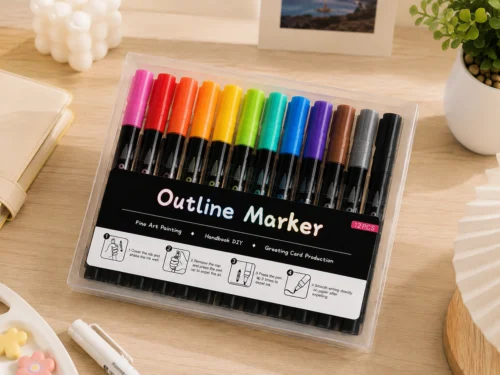 12 Colors Outline Marker Set with metallic double-line pens in a clear storage case for lettering, journaling, greeting cards, and DIY crafts. 12 Colors Outline Marker Set with metallic double-line pens in a clear storage case for lettering, journaling, greeting cards, and DIY crafts.