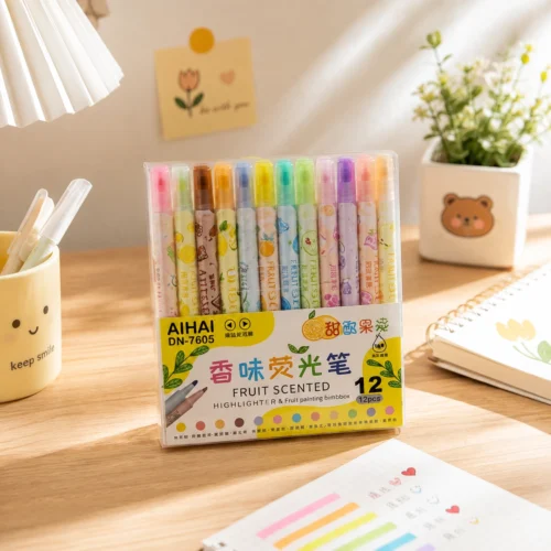 12 Colors Fruit Scented Highlighter Set with pastel highlighter pens in a storage box for studying, journaling, note-taking, and office use. 12 Colors Fruit Scented Highlighter Set with pastel highlighter pens in a storage box for studying, journaling, note-taking, and office use.