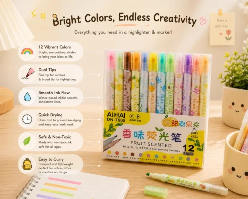 12 Colors Fruit Scented Highlighter Set with pastel highlighter pens in a storage box for studying, journaling, note-taking, and office use. 12 Colors Fruit Scented Highlighter Set with pastel highlighter pens in a storage box for studying, journaling, note-taking, and office use.