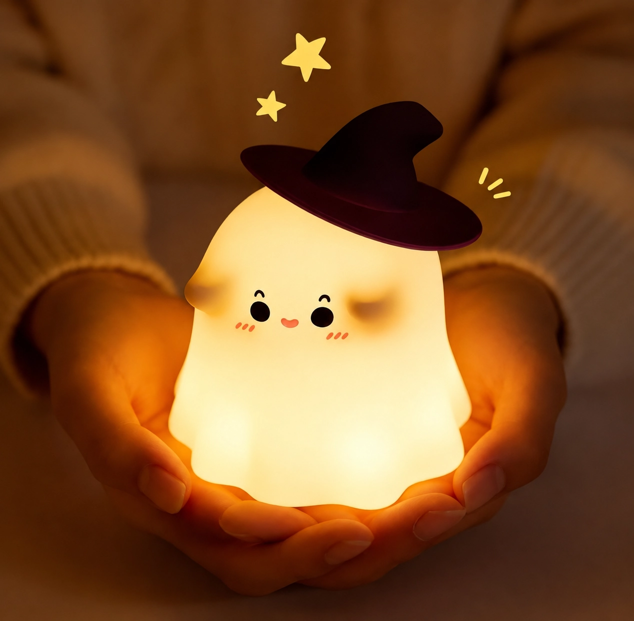 Cute Ghost Night Light with soft warm LED glow and silicone body, perfect for bedroom décor, nursery, bedside table, and cozy room lighting.