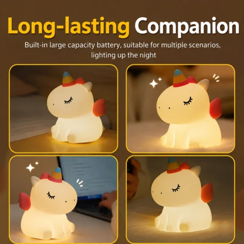 Cute Unicorn Night Light made from soft silicone with a warm LED glow, perfect for kids' bedrooms, nurseries, bedside tables, and kawaii room décor.