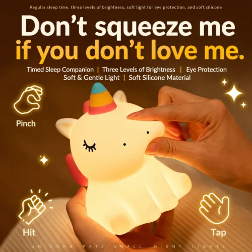 Cute Unicorn Night Light made from soft silicone with a warm LED glow, perfect for kids' bedrooms, nurseries, bedside tables, and kawaii room décor.