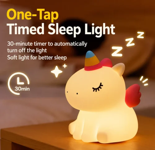 Cute Unicorn Night Light made from soft silicone with a warm LED glow, perfect for kids' bedrooms, nurseries, bedside tables, and kawaii room décor.