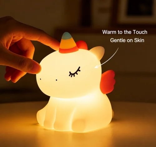 Cute Unicorn Night Light made from soft silicone with a warm LED glow, perfect for kids' bedrooms, nurseries, bedside tables, and kawaii room décor.