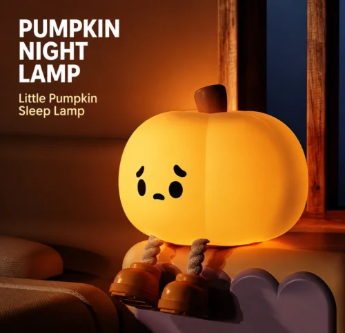 Cute Pumpkin Night Light made from soft silicone with warm LED lighting, perfect for bedrooms, nurseries, Halloween décor, and cozy bedside lighting.