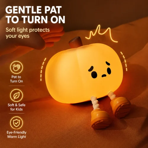 Cute Pumpkin Night Light made from soft silicone with warm LED lighting, perfect for bedrooms, nurseries, Halloween décor, and cozy bedside lighting.