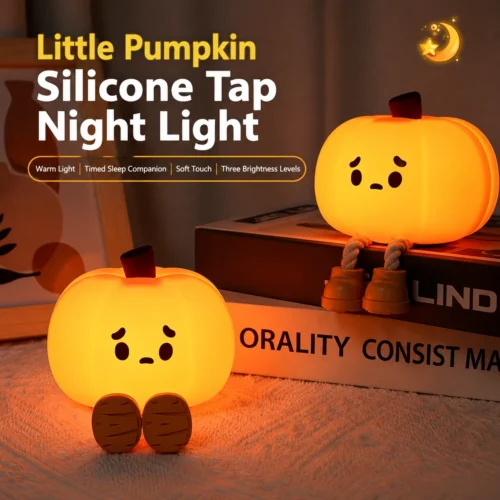 Cute Pumpkin Night Light made from soft silicone with warm LED lighting, perfect for bedrooms, nurseries, Halloween décor, and cozy bedside lighting.