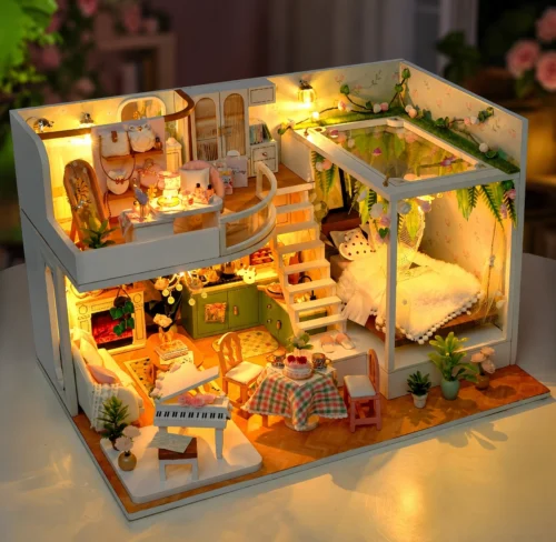 Cozy Miniature DIY Villa Kit with detailed rooms, tiny furniture, plants and warm LED lighting Cozy Miniature DIY Villa Kit with detailed rooms, tiny furniture, plants and warm LED lighting