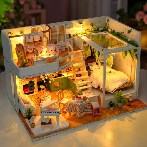 Cozy Miniature DIY Villa Kit with detailed rooms, tiny furniture, plants and warm LED lighting