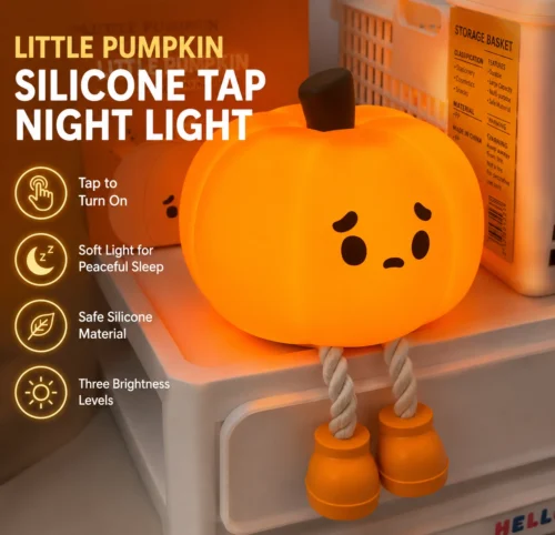 Cute Pumpkin Night Light made from soft silicone with warm LED lighting, perfect for bedrooms, nurseries, Halloween décor, and cozy bedside lighting.