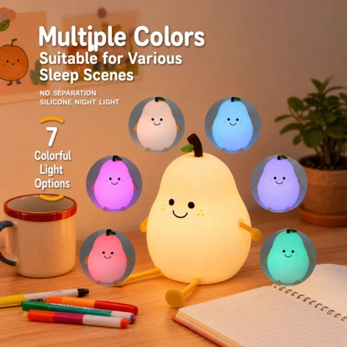 Cute pear silicone LED night light with soft warm glow, adorable character design for kids' bedrooms, nurseries, bedside tables and cozy décor Cute pear silicone LED night light with soft warm glow, adorable character design for kids' bedrooms, nurseries, bedside tables and cozy décor