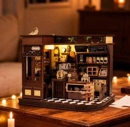 Miniature cozy café DIY kit with detailed coffee shop interior, tiny furniture and decorative accessories