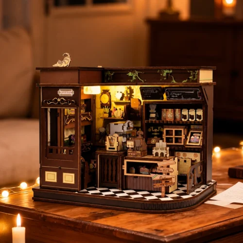 Miniature cozy café DIY kit with detailed coffee shop interior, tiny furniture and decorative accessories