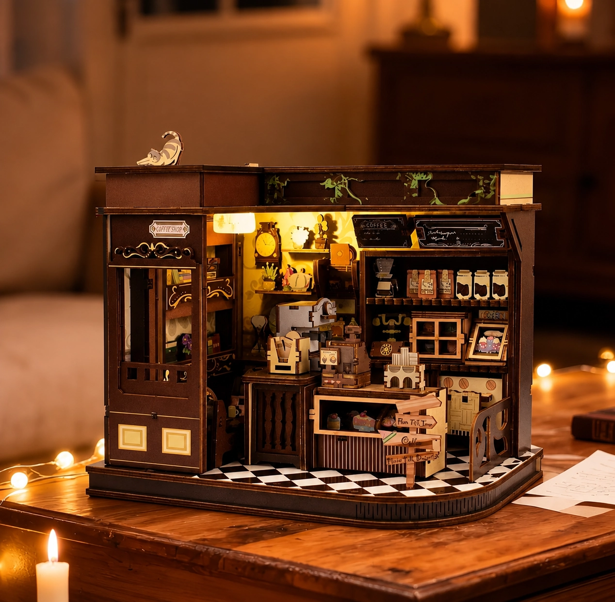 Miniature cozy café DIY kit with detailed coffee shop interior, tiny furniture and decorative accessories