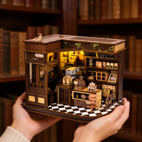 Miniature cozy café DIY kit with detailed coffee shop interior, tiny furniture and decorative accessories