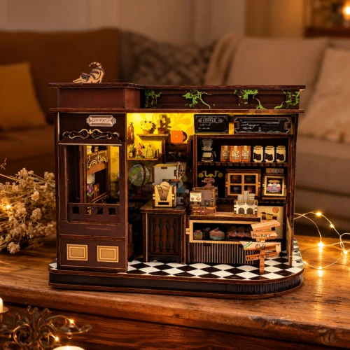 Miniature cozy café DIY kit with detailed coffee shop interior, tiny furniture and decorative accessories