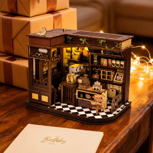 Miniature cozy café DIY kit with detailed coffee shop interior, tiny furniture and decorative accessories