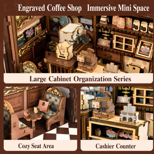 Miniature cozy café DIY kit with detailed coffee shop interior, tiny furniture and decorative accessories