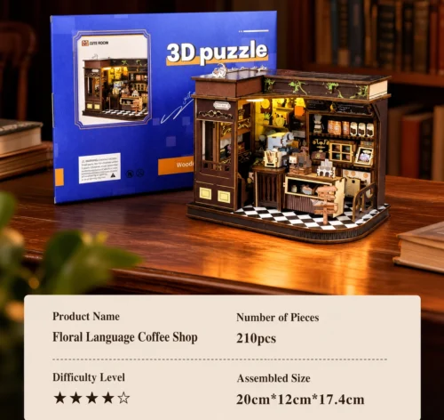 Miniature cozy café DIY kit with detailed coffee shop interior, tiny furniture and decorative accessories