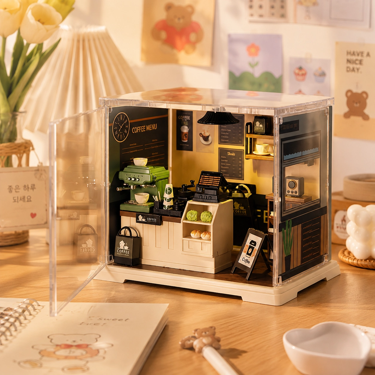 Miniature coffee shop DIY kit with detailed café counter, coffee machine, shelves, cups and cozy interior décor