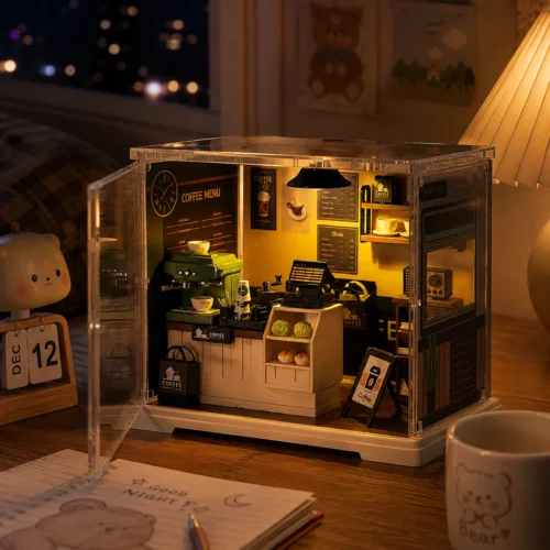 Miniature coffee shop DIY kit with detailed café counter, coffee machine, shelves, cups and cozy interior décor