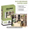 Miniature coffee shop DIY kit with detailed café counter, coffee machine, shelves, cups and cozy interior décor