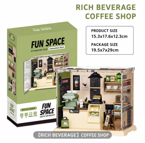 Miniature coffee shop DIY kit with detailed café counter, coffee machine, shelves, cups and cozy interior décor