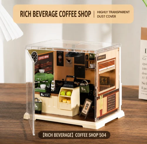 Miniature coffee shop DIY kit with detailed café counter, coffee machine, shelves, cups and cozy interior décor