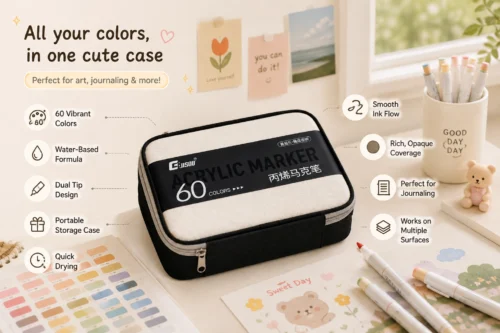 60 Colors Acrylic Marker Set in a premium zippered storage case for drawing, painting, journaling, DIY crafts, wood, glass, ceramic, and canvas. 60 Colors Acrylic Marker Set in a premium zippered storage case for drawing, painting, journaling, DIY crafts, wood, glass, ceramic, and canvas.