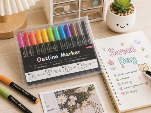 12 Colors Outline Marker Set with metallic double-line pens in a clear storage case for lettering, journaling, greeting cards, and DIY crafts. 12 Colors Outline Marker Set with metallic double-line pens in a clear storage case for lettering, journaling, greeting cards, and DIY crafts.