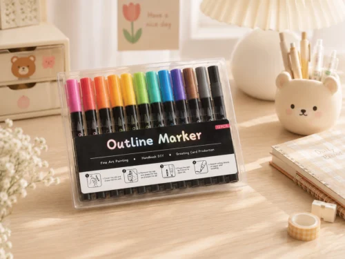 12 Colors Outline Marker Set with metallic double-line pens in a clear storage case for lettering, journaling, greeting cards, and DIY crafts. 12 Colors Outline Marker Set with metallic double-line pens in a clear storage case for lettering, journaling, greeting cards, and DIY crafts.