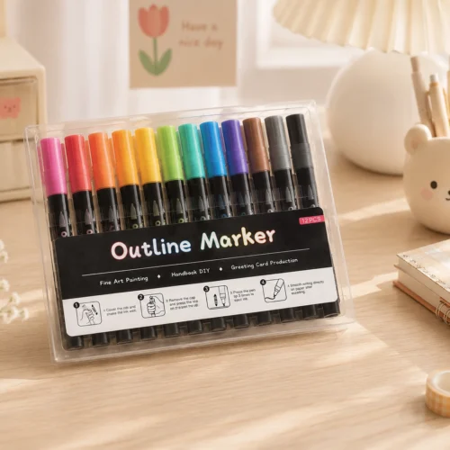 12 Colors Outline Marker Set with metallic double-line pens in a clear storage case for lettering, journaling, greeting cards, and DIY crafts. 12 Colors Outline Marker Set with metallic double-line pens in a clear storage case for lettering, journaling, greeting cards, and DIY crafts.