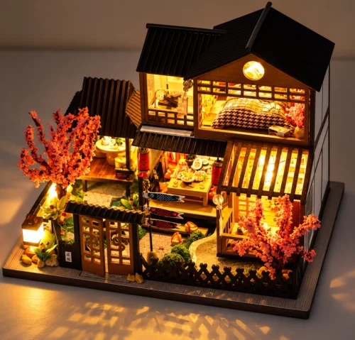 Japanese traditional miniature house with warm LED lights Japanese traditional miniature house with warm LED lights