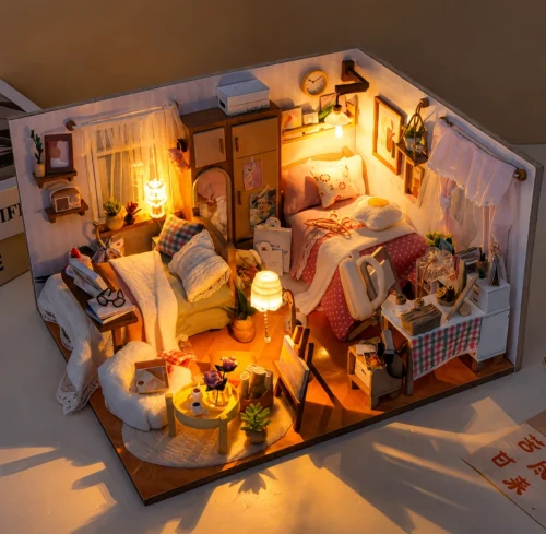 Cozy Dream Bedroom miniature DIY kit with tiny beds, furniture, plants and warm lights