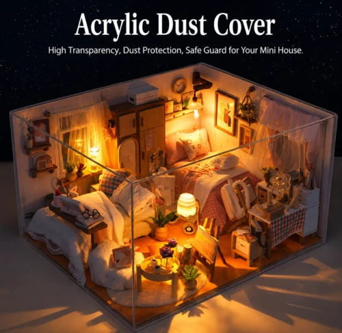 Cozy Dream Bedroom miniature DIY kit with tiny beds, furniture, plants and warm lights