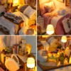 Cozy Dream Bedroom miniature DIY kit with tiny beds, furniture, plants and warm lights