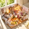 Cozy Dream Bedroom miniature DIY kit with tiny beds, furniture, plants and warm lights