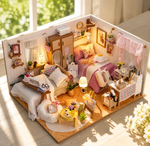 Cozy Dream Bedroom miniature DIY kit with tiny beds, furniture, plants and warm lights
