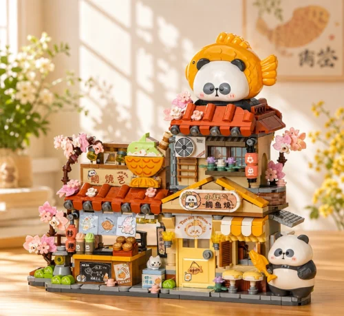 Panda Fish Market Building Blocks set with cute panda figures, fish shop, flowers and colourful market details Panda Fish Market Building Blocks set with cute panda figures, fish shop, flowers and colourful market details