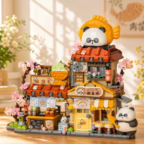 Panda Fish Market Building Blocks set with cute panda figures, fish shop, flowers and colourful market details