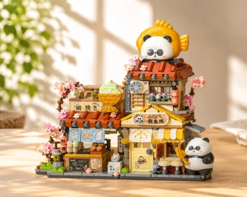 Panda Fish Market Building Blocks set with cute panda figures, fish shop, flowers and colourful market details Panda Fish Market Building Blocks set with cute panda figures, fish shop, flowers and colourful market details