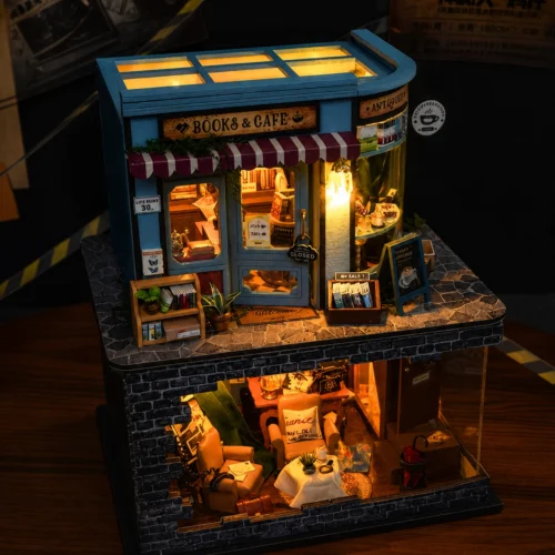 Miniature DIY books and café house kit with two-story bookstore cafe and warm LED lighting