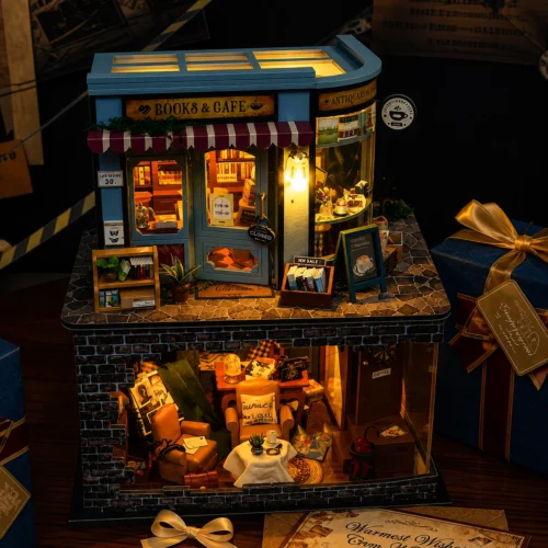 Miniature DIY books and café house kit with two-story bookstore cafe and warm LED lighting