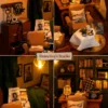Miniature DIY books and café house kit with two-story bookstore cafe and warm LED lighting