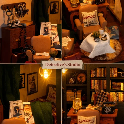Miniature DIY books and café house kit with two-story bookstore cafe and warm LED lighting